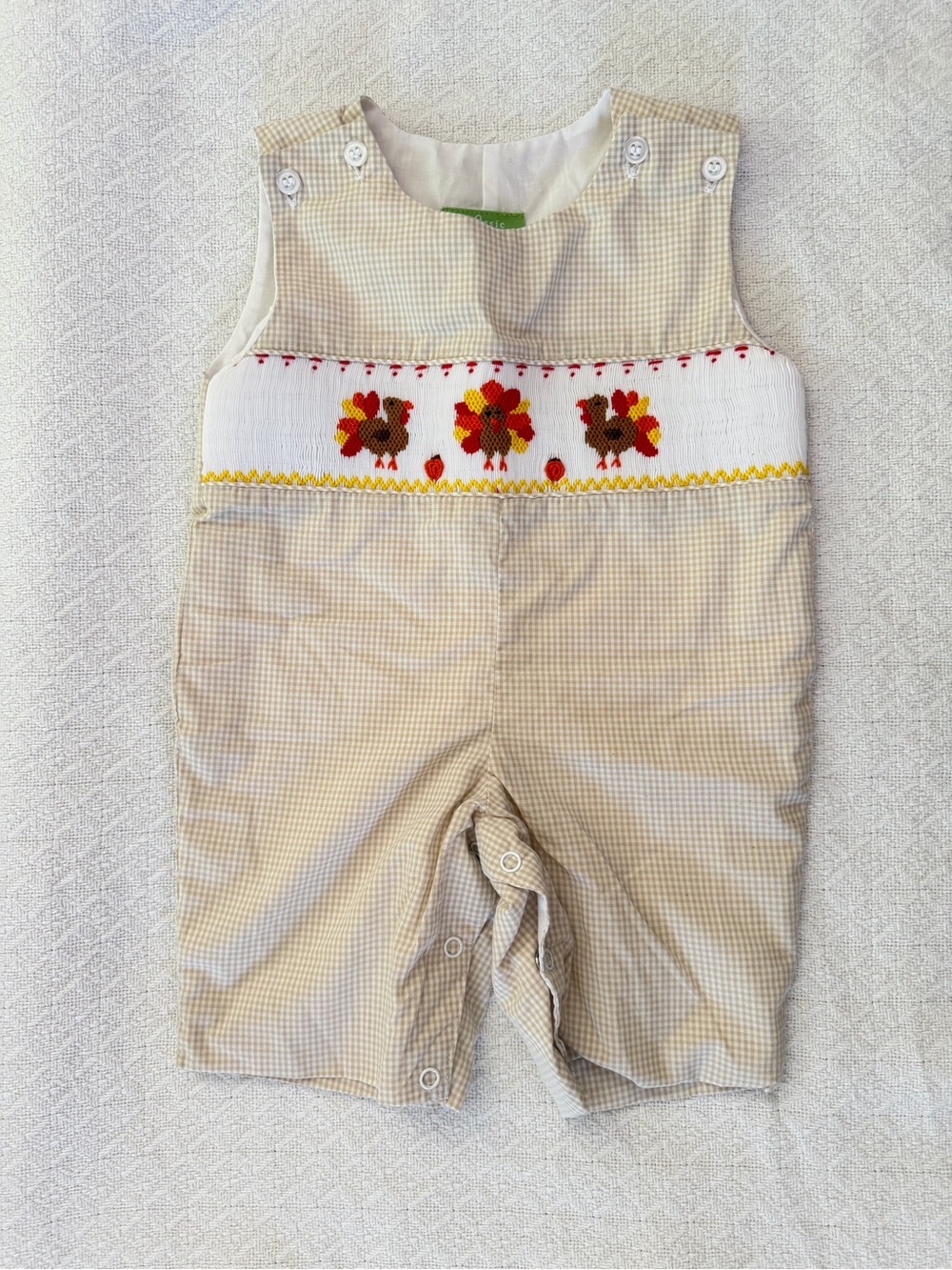 Classic Whimsy Tan and White Gingham Smocked Turkey Romper